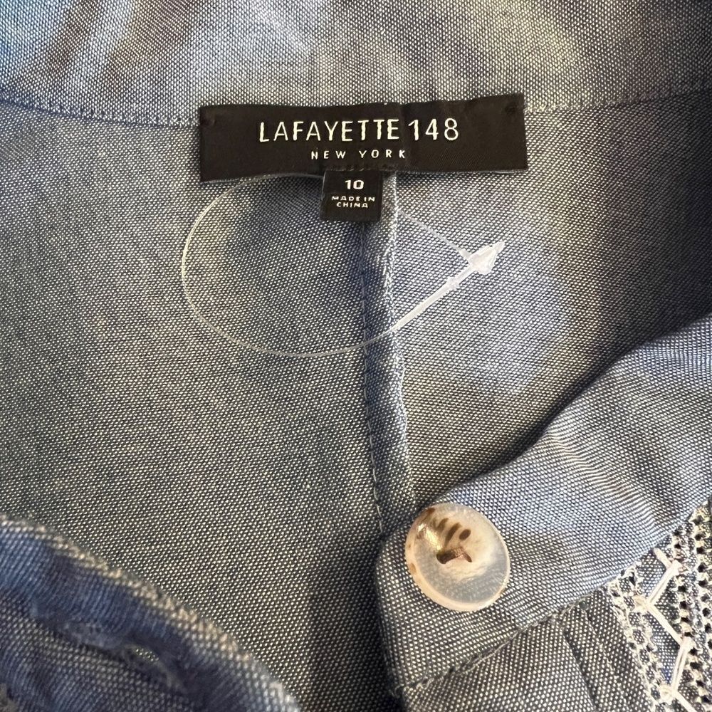 NWOT Lafayette 148 Embroidered Cotton Chambray Midi Shirtdress Shirt Dress 10 - Picture 6 of 6